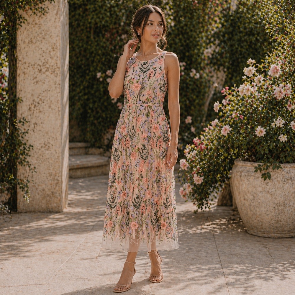 Maggy London Floral Embroidered Mesh Midi Dress Womens 10 Blush Pink Wedding